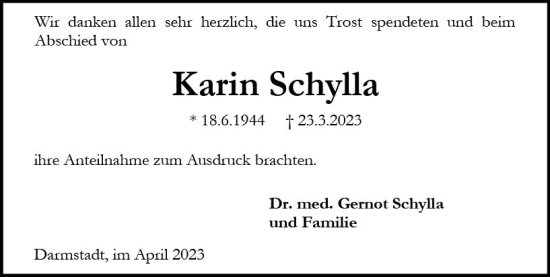Traueranzeige von Karin Schylla von Darmstädter Echo