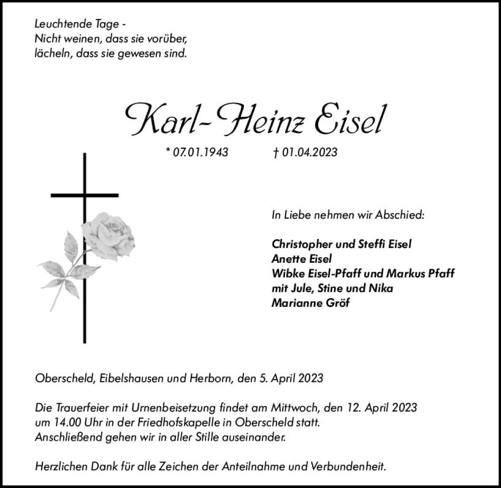  Traueranzeige für Karl-Heinz Eisel vom 05.04.2023 aus Dill Block