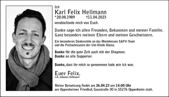 Traueranzeige von Karl Felix Hellmann von Allgemeine Zeitung Mainz