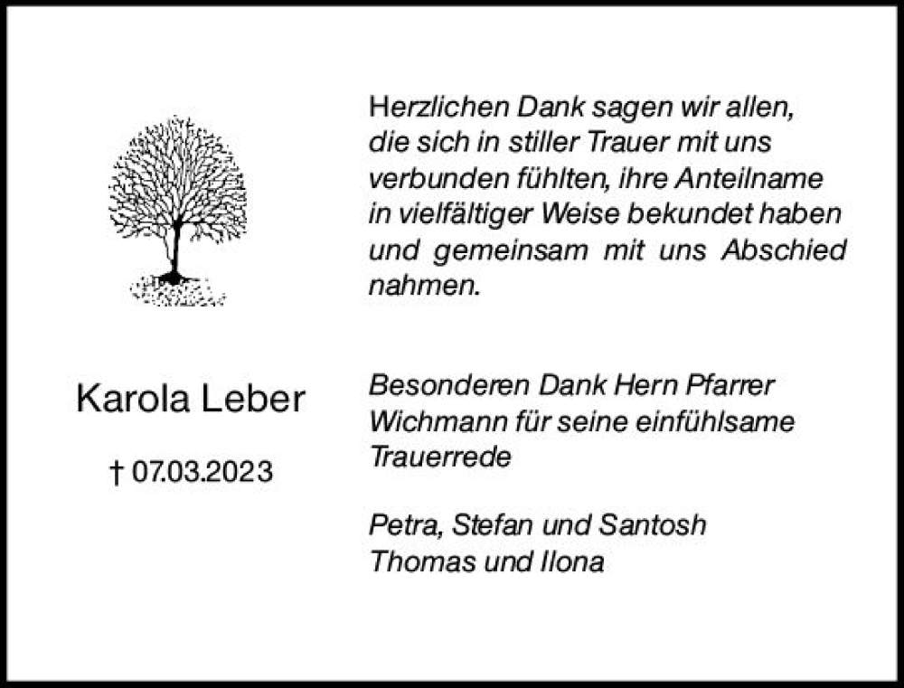 Traueranzeige für Karola Leber vom 20.04.2023 aus Camberger Anzeiger