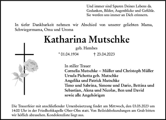 Traueranzeige von Katharina Mutschke von Allgemeine Zeitung Mainz