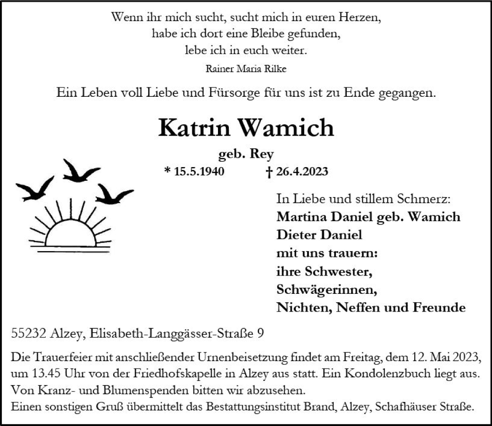  Traueranzeige für Katrin Wamich vom 29.04.2023 aus Allgemeine Zeitung Alzey