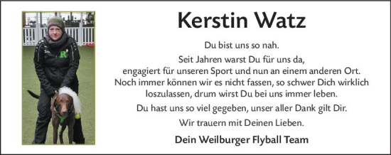 Traueranzeige von Kerstin Watz von Weilburger Tageblatt
