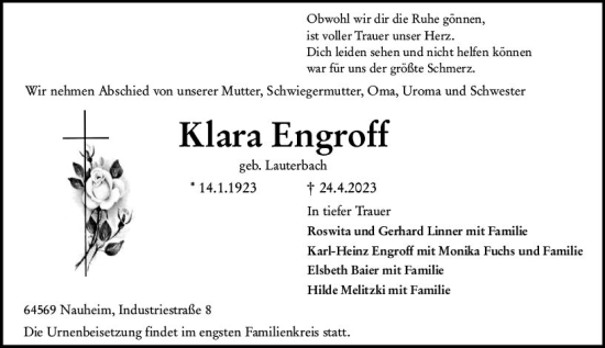 Traueranzeige von Klara Engroff von Groß-Gerauer Echo