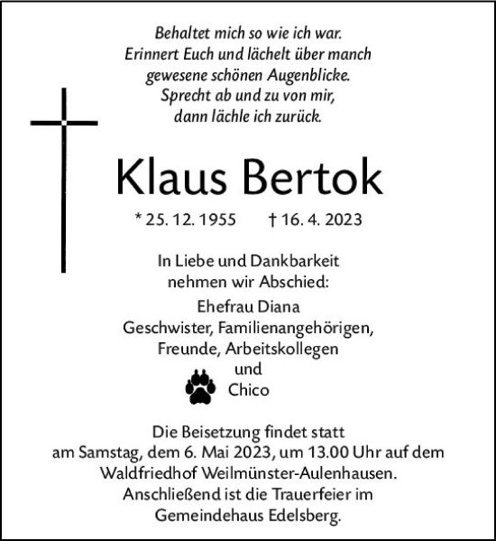 Traueranzeige von Klaus Bertok von Weilburger Tageblatt
