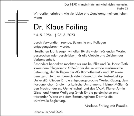 Traueranzeige von Klaus Failing von Wetzlarer Neue Zeitung