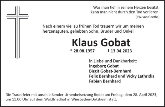Traueranzeige von Klaus Gobat von Wiesbadener Kurier