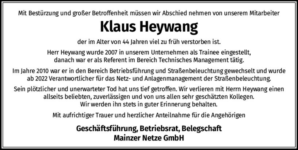  Traueranzeige für Klaus Heywang vom 22.04.2023 aus Allgemeine Zeitung Mainz