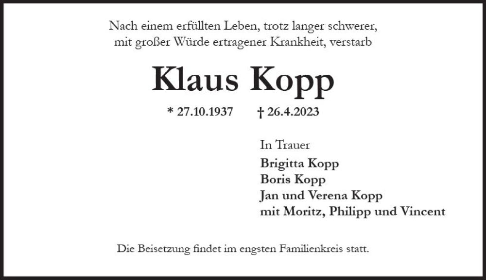  Traueranzeige für Klaus Kopp vom 29.04.2023 aus Wiesbadener Kurier