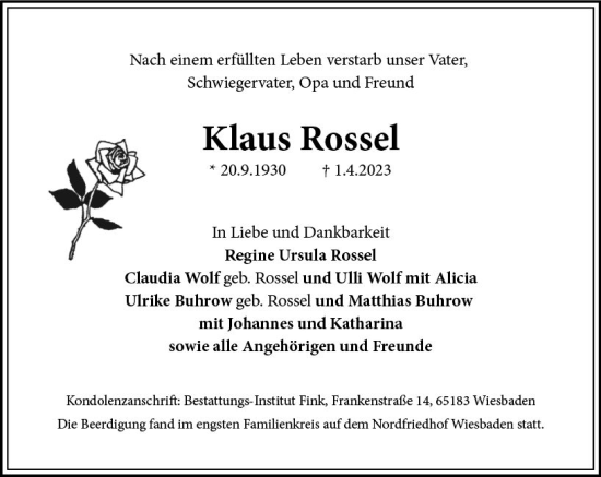 Traueranzeige von Klaus Rossel von Wiesbadener Kurier