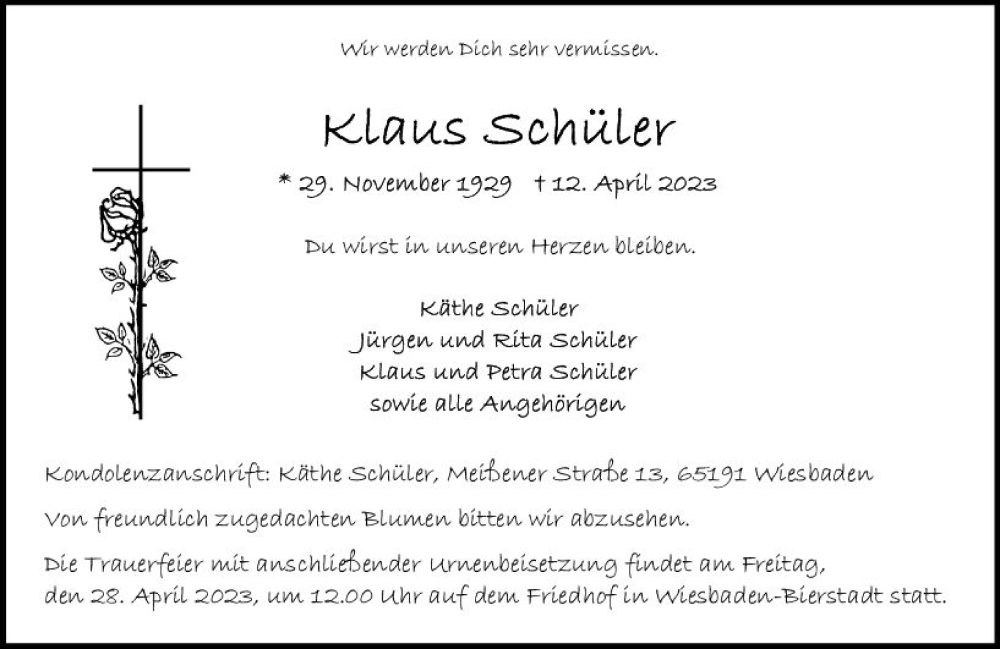  Traueranzeige für Klaus Schüler vom 22.04.2023 aus Wiesbadener Kurier