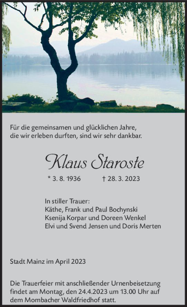  Traueranzeige für Klaus Staroste vom 15.04.2023 aus Allgemeine Zeitung Mainz