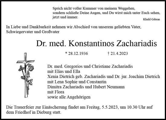 Traueranzeige von Konstantinos Zachariadis von Dieburger Anzeiger/Groß-Zimmerner Lokal-Anzeiger