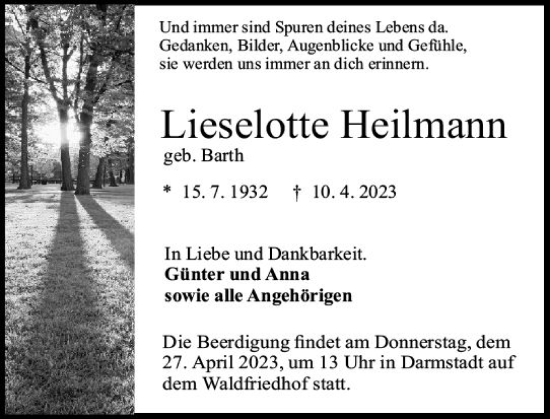 Traueranzeige von Lieselotte Heilmann von Darmstädter Echo