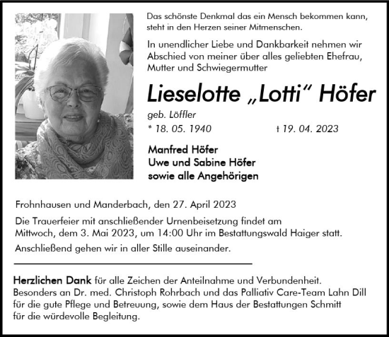 Traueranzeige von Lieselotte Höfer von Dill Block