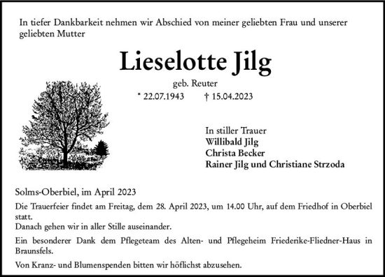 Traueranzeige von Lieselotte Jilg von Wetzlarer Neue Zeitung