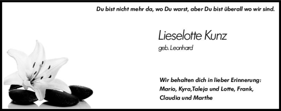 Traueranzeige von Lieselotte Kunz von Allgemeine Zeitung Bingen/Ingelheim
