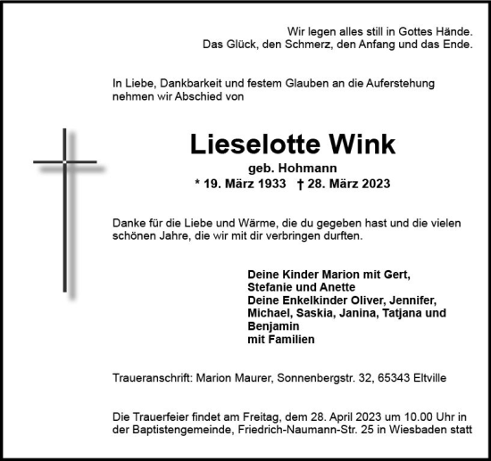 Traueranzeige von Lieselotte Wink von Wiesbadener Kurier