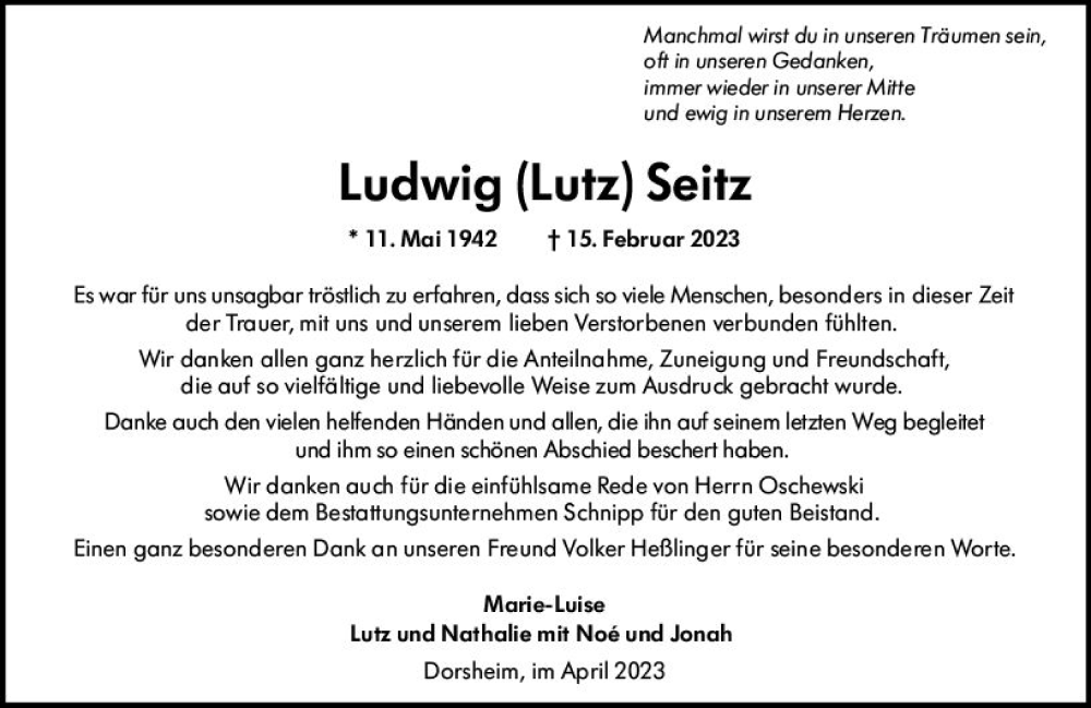  Traueranzeige für Ludwig Seift vom 15.04.2023 aus Bingen/Ingelheim WOBL inkl. Neue Binger Ztg.