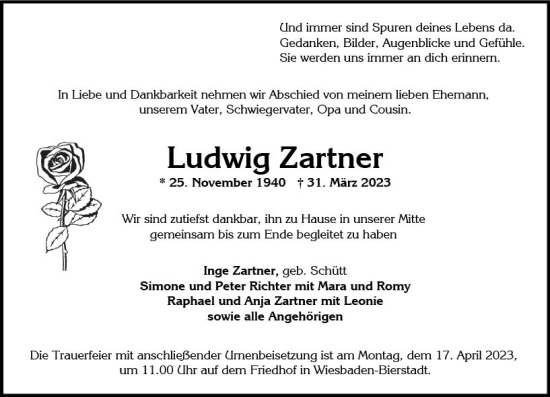 Traueranzeige von Ludwig Zartner von Wiesbadener Kurier