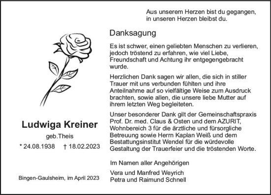 Traueranzeige von Ludwiga Kreiner von Bingen/Ingelheim WOBL inkl. Neue Binger Ztg.