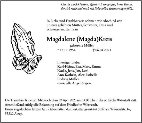 Traueranzeige von Magdalene Kreis von Allgemeine Zeitung Alzey
