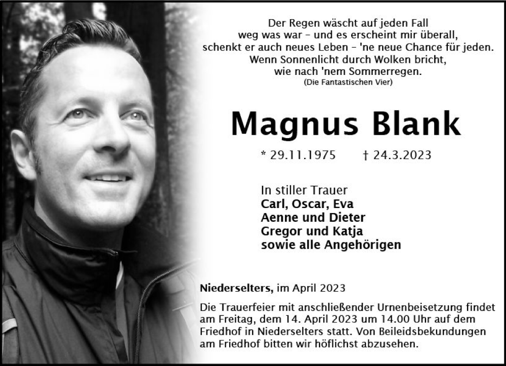  Traueranzeige für Magnus Blank vom 08.04.2023 aus Nassauische Neue Presse