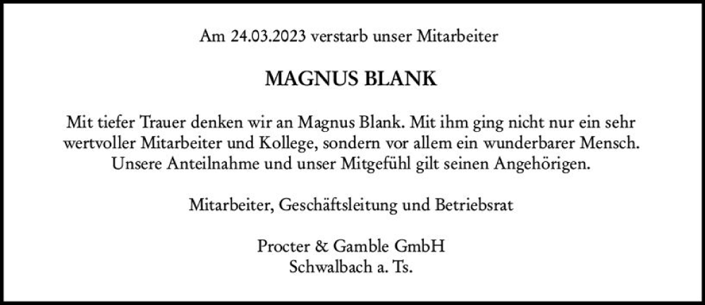  Traueranzeige für Magnus Blank vom 06.04.2023 aus Camberger Anzeiger