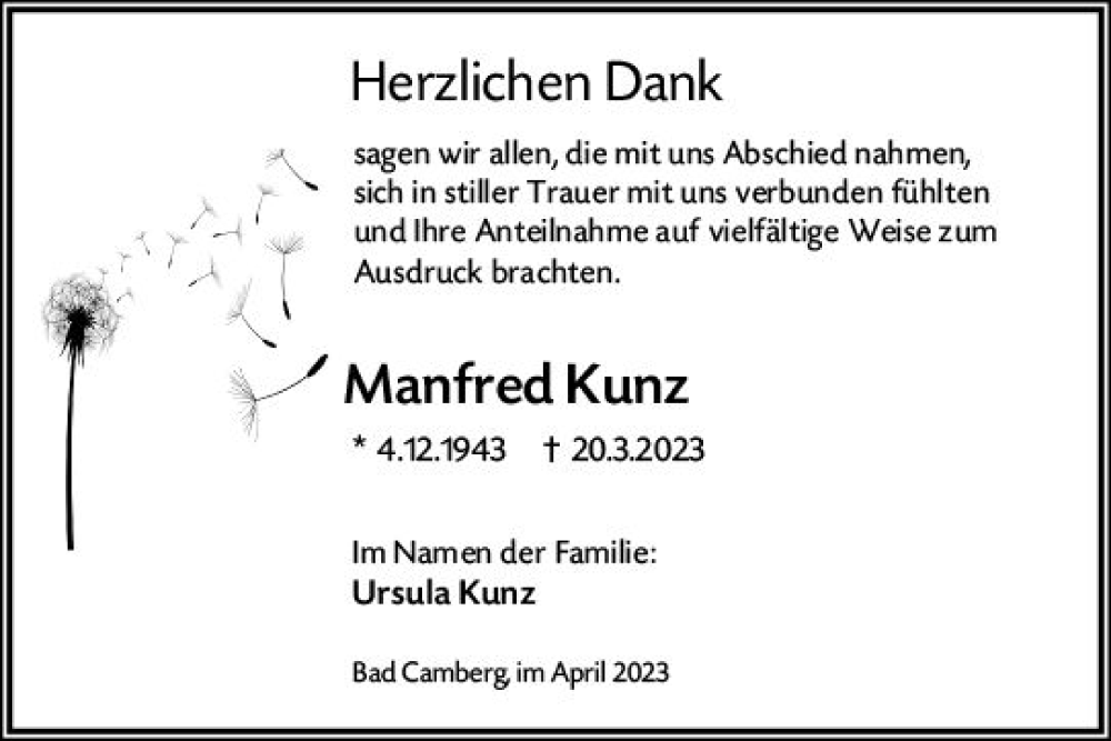  Traueranzeige für Manfred Kunz vom 20.04.2023 aus Camberger Anzeiger