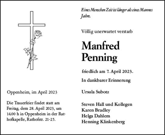 Traueranzeige von Manfred Penning von Allgemeine Zeitung Mainz