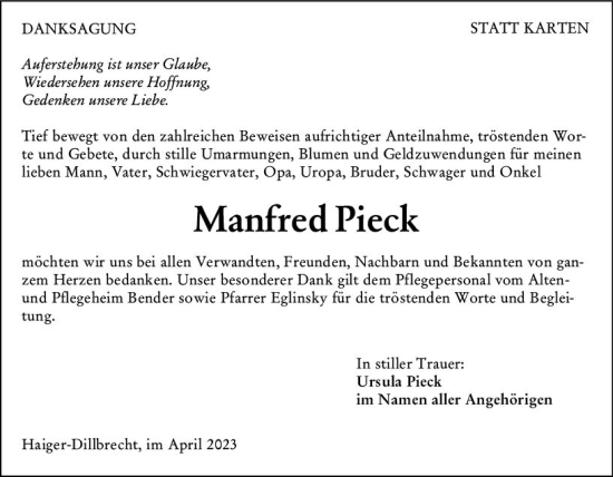 Traueranzeige von Manfred Pieck von Dill Block