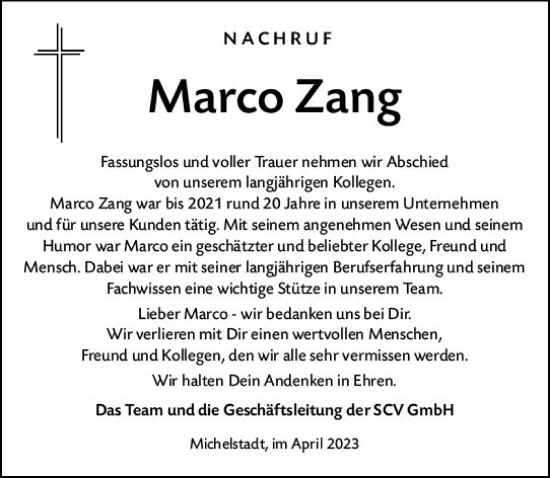 Traueranzeige von Marco Zang von Odenwälder Echo
