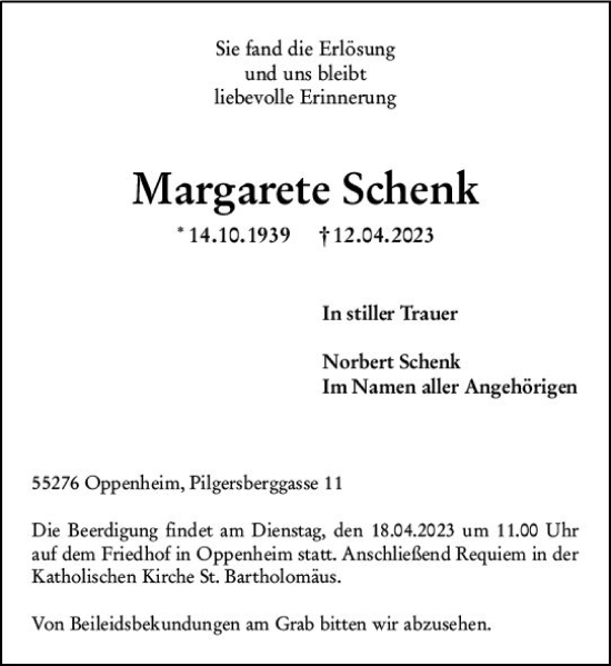 Traueranzeige von Margarete Schenk von Allgemeine Zeitung Mainz