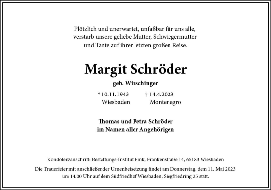 Traueranzeige von Margit Schröder von Wiesbadener Kurier