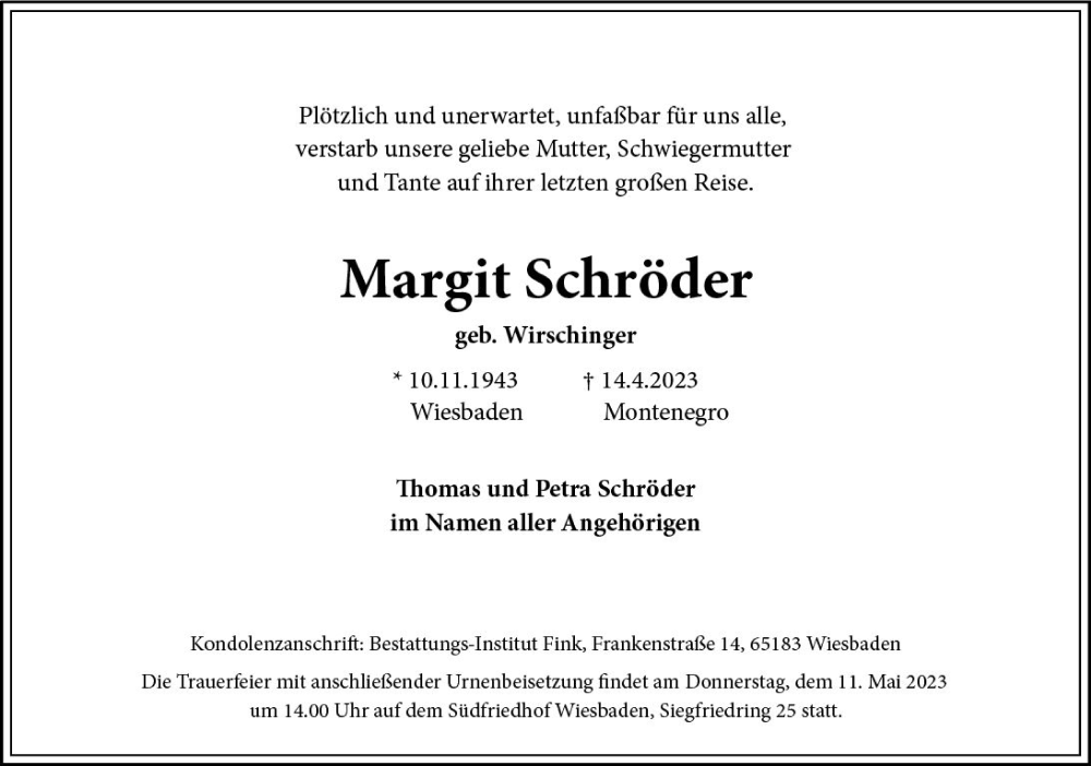  Traueranzeige für Margit Schröder vom 29.04.2023 aus Wiesbadener Kurier