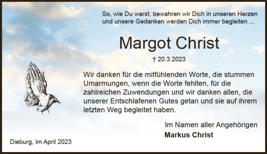 Traueranzeige von Margot Christ von Dieburger Anzeiger/Groß-Zimmerner Lokal-Anzeiger