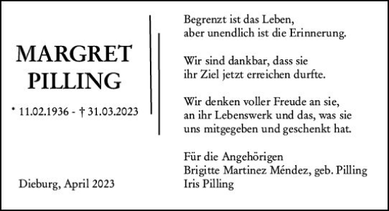 Traueranzeige von Margret Pilling von Dieburger Anzeiger/Groß-Zimmerner Lokal-Anzeiger