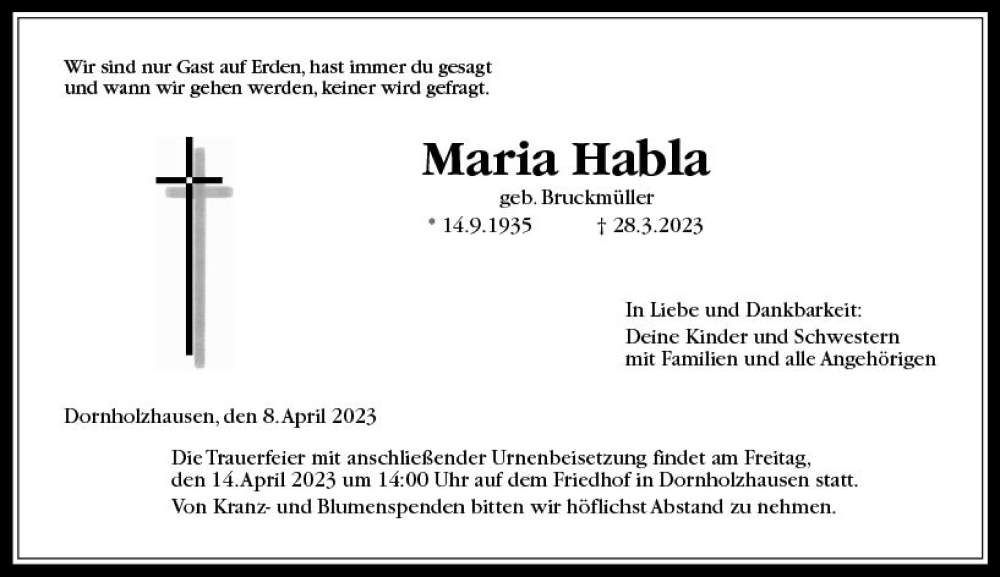  Traueranzeige für Maria Habla vom 08.04.2023 aus Wetzlarer Neue Zeitung