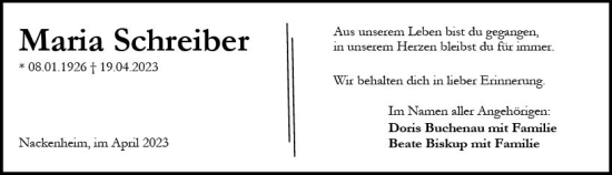 Traueranzeige von Maria Schreiber von Allgemeine Zeitung Mainz