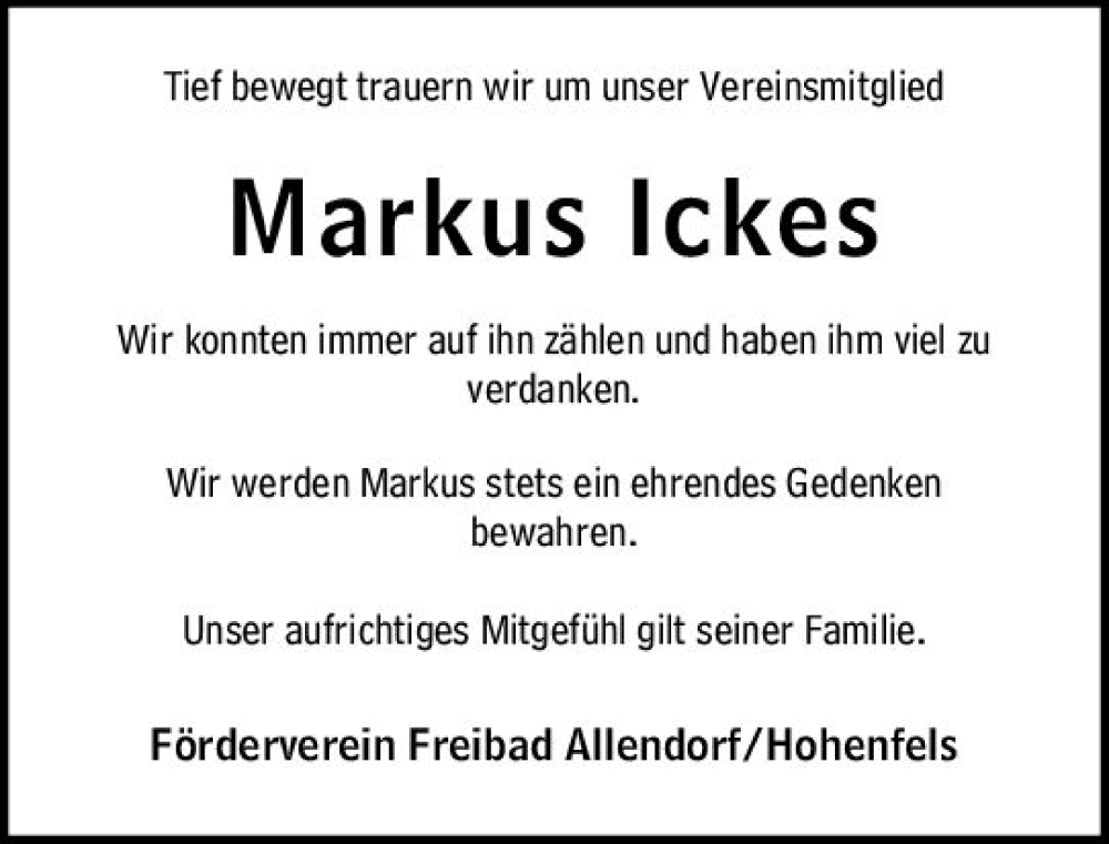  Traueranzeige für Markus Ickes vom 18.04.2023 aus Hinterländer Anzeiger