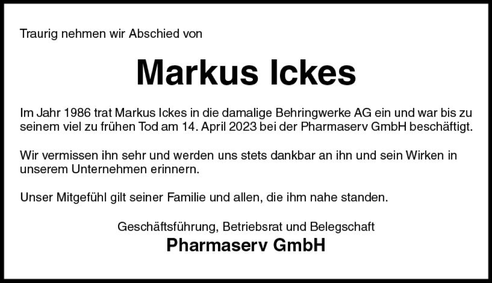  Traueranzeige für Markus Ickes vom 19.04.2023 aus Hinterländer Anzeiger