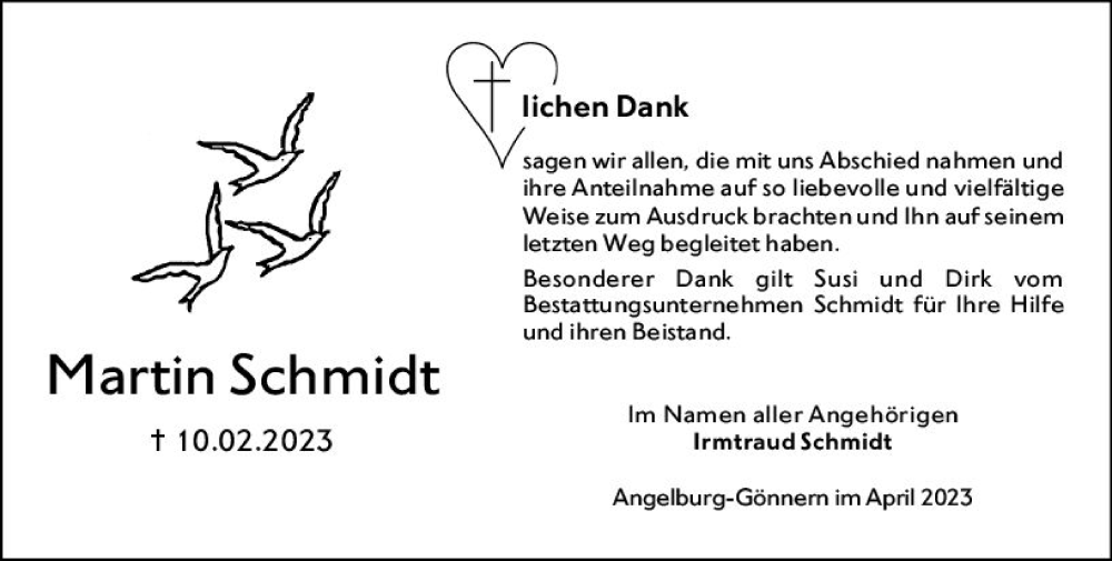  Traueranzeige für Martin Schmidt vom 08.04.2023 aus Hinterländer Anzeiger