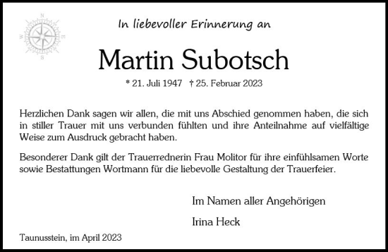 Traueranzeige von Martin Subotsch von Wiesbadener Kurier