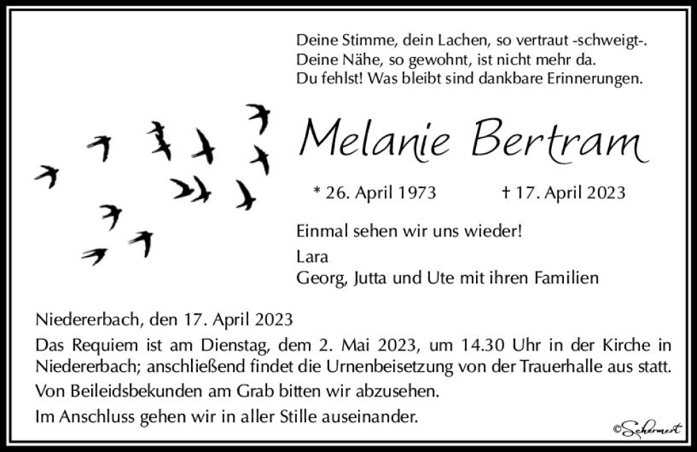  Traueranzeige für Melanie Bertram vom 22.04.2023 aus Nassauische Neue Presse