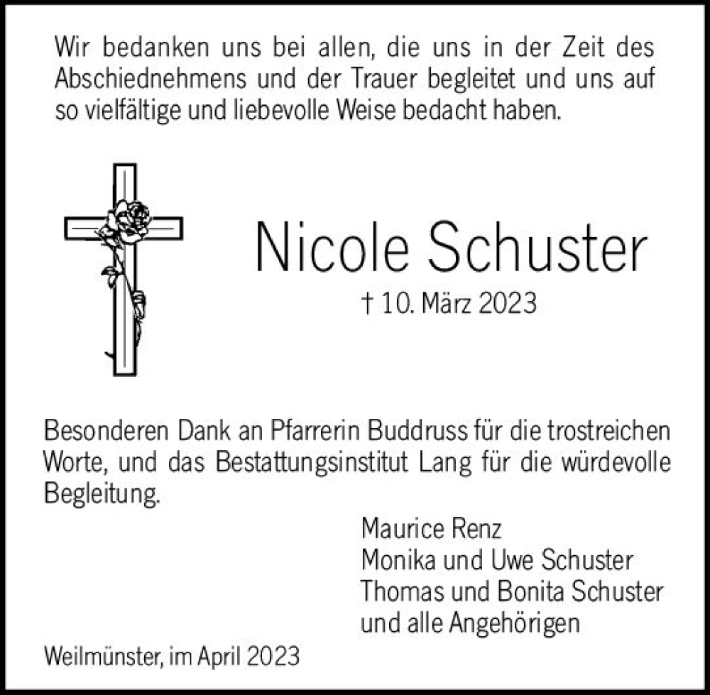  Traueranzeige für Nicole Schuster vom 08.04.2023 aus Weilburger Tageblatt