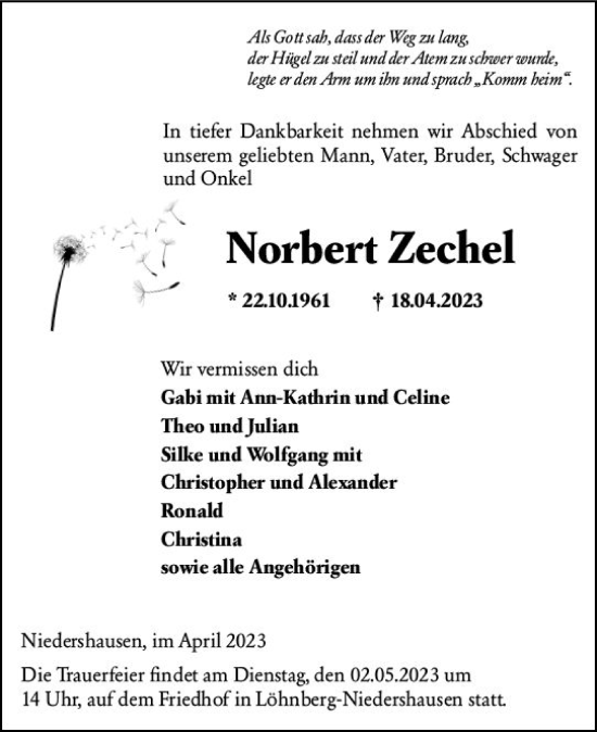 Traueranzeige von Norbert Zechel von Weilburger Tageblatt