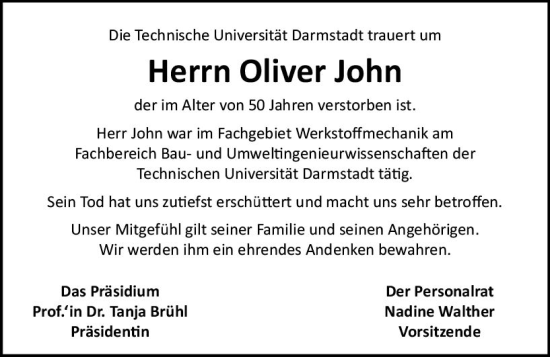 Traueranzeige von Oliver John von Darmstädter Echo