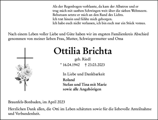 Traueranzeige von Ottilia Brichta von Wetzlarer Neue Zeitung
