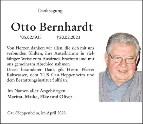 Traueranzeige von Otto Bernhardt von Allgemeine Zeitung Alzey