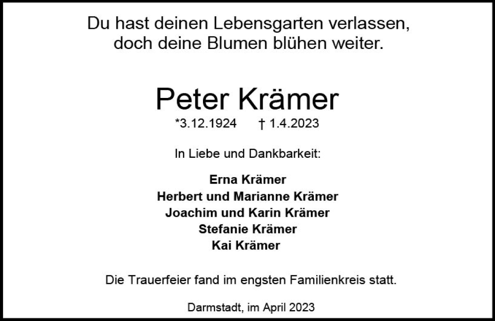  Traueranzeige für Peter Krämer vom 29.04.2023 aus Darmstädter Echo